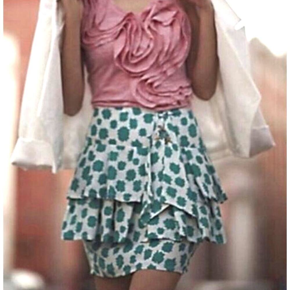 Anthropologie Airplane Skirt Size 4 Green Tiered Ruffle Mini Silk Blend Summer